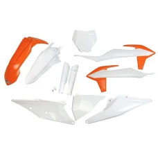 UFO КОМПЛЕКТ ПЛАСТІКОВ (ПОВНИЙ KIT) Z OSLONAMI ТЕЛЕСКОПІЧНИЙ (АМОРТИЗАТОРІВ) KTM SX 125/150/250 '19-'22, SXF (SX-F) 250/350/450 '19-'22 КОЛІР OEM (POMARANCZOWY/BIALY) (KT522E999)