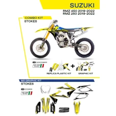 UFO КОМПЛЕКТ ПЛАСТІКОВ ПЛЮС КОМПЛЕКТ НАЛІПОК (OKLEIN) SUZUKI RMZ 250 '19-'22; RMZ 450 '18-'22 W КОМПЛЕКТІ ПЕРІД TABLICA (SU04943) І КРИШКИ АМОТРТИЗАТОРІВ (SU04913) STOKES КОЛІР OEM (BIALY/ZOLTY/CZARNY)