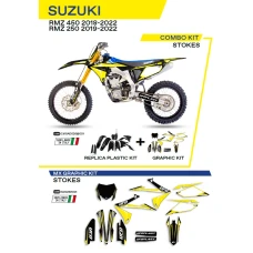 UFO КОМПЛЕКТ ПЛАСТІКОВ ПЛЮС КОМПЛЕКТ НАЛІПОК (OKLEIN) SUZUKI RMZ 250 '19-'22; RMZ 450 '18-'22 W КОМПЛЕКТІ ПЕРІД TABLICA (SU04943) І КРИШКИ АМОТРТИЗАТОРІВ (SU04913) STOKES КОЛІР ЧОРНИЙ