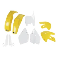 UFO КОМПЛЕКТ ПЛАСТІКОВ (ПОВНИЙ KIT) Z OSLONAMI ТЕЛЕСКОПІЧНИЙ (АМОРТИЗАТОРІВ) SUZUKI RM 125 / 250 '99-'00 КОЛІР OEM (BIALY/ZOLTY) (SU400E999)