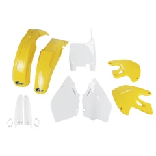 UFO КОМПЛЕКТ ПЛАСТІКОВ (ПОВНИЙ KIT) Z OSLONAMI ТЕЛЕСКОПІЧНИЙ (АМОРТИЗАТОРІВ) SUZUKI RM 125 / 250 '99-'00 КОЛІР OEM (BIALY/ZOLTY) (SU400E999)