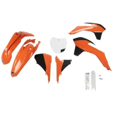 UFO КОМПЛЕКТ ПЛАСТІКОВ (ПОВНИЙ KIT) Z OSLONAMI ТЕЛЕСКОПІЧНИЙ (АМОРТИЗАТОРІВ) KTM SX/SXF '13-'15, SX 250 '16, КОЛІР OEM '13-'14 (POMARANCZOWY/CZARNY/BIALY) (KT515E999)