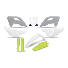 UFO 2024/01 КОМПЛЕКТ ПЛАСТІКОВ Z OSLONAMI ТЕЛЕСКОПІЧНИЙ (АМОРТИЗАТОРІВ) HUSQVARNA TC 125 / 250 '23-'24, FC 250 / 350 / 450 '23-'24, FX 350 / 450 '23-'24, TX 300 '24, КОЛІР OEM БІЛИЙ ЖОВТИЙ СІРИЙ