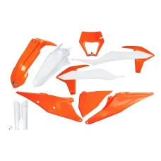 UFO КОМПЛЕКТ ПЛАСТІКОВ (ПОВНИЙ KIT) Z OSLONAMI ТЕЛЕСКОПІЧНИЙ (АМОРТИЗАТОРІВ) KTM EXC 125 '20-'21, EXC 250 / 300 TPI '20-'23, EXC-F 250 / 350 / 450 / 500 '20-'23 Z ЗАХИСТ ФАРИ КОЛІР OEM '23 (BIALY/POMARANCZOWY)