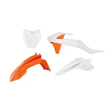 RACETECH (RTECH) 2024/12  PLASTIC KIT 4 PCS FRONT FENDER ПОМАРАНЧЕВИЙ КОЛІР, FRONT PLATE WHITE, SHROUDS WHITE/ПОМАРАНЧЕВИЙ КОЛІР, REAR FENDER WHITE ОРИГІНАЛ COLOUR 19-20-21-22 K ПОМАРАНЧЕВИЙ КОЛІР - WHITE - WHITE KTM SX 50 2016=>2023