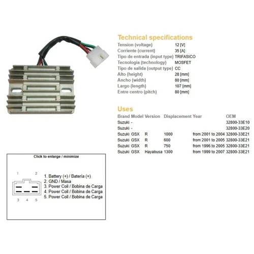 DZE РЕГУЛЯТОР НАПРУГИ SUZUKI GSX 600R\/1000R '01-05, GSX 750R '96-05, GSX 1300R HAYABUSA '99-07 (OEM 32800-33E21) (35A) - зображення 2