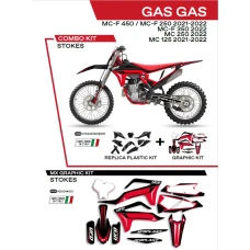 UFO КОМПЛЕКТ ПЛАСТІКОВ ПЛЮС КОМПЛЕКТ НАЛІПОК (OKLEIN) GAS GAS MC 125 '21-'22; MC 250 '22; MCF 250/350/450 '21-'22 W КОМПЛЕКТІ ПЕРІД TABLICA (GG07130) І КРИШКИ АМОТРТИЗАТОРІВ (GG07131) STOKES КОЛІР ЧОРНИЙ