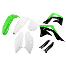UFO КОМПЛЕКТ ПЛАСТІКОВ (ПОВНИЙ KIT) Z OSLONAMI ТЕЛЕСКОПІЧНИЙ (АМОРТИЗАТОРІВ) KAWASAKI KXF 450 '13-'15 КОЛІР OEM (ZIELONY/BIALY/CZARNY) (KA220E999)