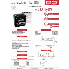 BS АКУМУЛЯТОР BTX16-BS (YTX16-BS) 12V 14AH 152X88X161 BEZOBSLUGOWY - ELEKTROLIT OSOBNO (230A) (4) UE2019/1148