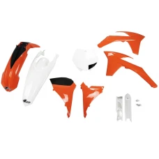 UFO КОМПЛЕКТ ПЛАСТІКОВ (ПОВНИЙ KIT) Z OSLONAMI ТЕЛЕСКОПІЧНИЙ (АМОРТИЗАТОРІВ) KTM SXF '11-'12, SX '12 КОЛІР OEM (POMARANCZOWY/BIALY) (KT510E999)
