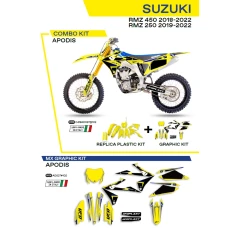 UFO КОМПЛЕКТ ПЛАСТІКОВ ПЛЮС КОМПЛЕКТ НАЛІПОК (OKLEIN) SUZUKI RMZ 250 '19-'22; RMZ 450 '18-'22 W КОМПЛЕКТІ ПЕРІД TABLICA (SU04943) І КРИШКИ АМОТРТИЗАТОРІВ (SU04913) APODIS КОЛІР ЖОВТИЙ