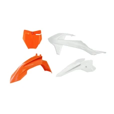 RACETECH (RTECH) 2024/12  PLASTIC KIT 4 PCS FRONT FENDER ПОМАРАНЧЕВИЙ КОЛІР, FRONT PLATE ПОМАРАНЧЕВИЙ КОЛІР, SHROUDS WHITE, REAR FENDER WHITE ОРИГІНАЛ COLOUR 2023 WHITE - KTM ПОМАРАНЧЕВИЙ КОЛІР KTM SX 50 2016=>2023