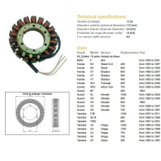 DZE UZWOJENIE ГЕНЕРАТОР STATOR YAMAHA FJR 1300 '01-11, TDM 850 '91-01, XV 750 '81-98, 1100 '86-99, SUZUKI VL 1500 '98-04, VS 600/700/750/800, HONDA VT 600 '88-07, XL 650V '00-06, XRV 750 '90-00 - ЗАМІНЮЄ 2887-01