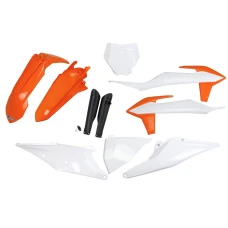 UFO КОМПЛЕКТ ПЛАСТІКОВ (ПОВНИЙ KIT) Z OSLONAMI ТЕЛЕСКОПІЧНИЙ (АМОРТИЗАТОРІВ) KTM SX 125/150/250 '19-'22, SXF (SX-F) 250/350/450 '19-'22 КОЛІР OEM '21 (BIALY/POMARANCZOWY)