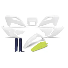 UFO 2024/01 КОМПЛЕКТ ПЛАСТІКОВ Z OSLONAMI ТЕЛЕСКОПІЧНИЙ (АМОРТИЗАТОРІВ) HUSQVARNA TE 150 / 250 / 300 '24, FE 250 / 350 / 450 / 501 '24, КОЛІР OEM БІЛИЙ ЖОВТИЙ
