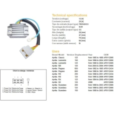 DZE РЕГУЛЯТОР НАПРУГИ APRILIA PEGASO 600/650 90-95, RS125 95-09 (20A), LEONARDO, SCARABEO (ESR087)