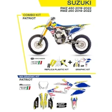 UFO КОМПЛЕКТ ПЛАСТІКОВ ПЛЮС КОМПЛЕКТ НАЛІПОК (OKLEIN) SUZUKI RMZ 250 '19-'22; RMZ 450 '18-'22 W КОМПЛЕКТІ ПЕРІД TABLICA (SU04943) І КРИШКИ АМОТРТИЗАТОРІВ (SU04913) PATRIOT КОЛІР OEM (ZOLTY/BIALY/CZARNY)