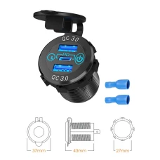 BIKETEC МОТОЦИКЛ POTROJNE РОЗ'ЄМ USB QC 3.0 X 2 I PD X 1 - 54 W POWER DELIVERY МОНТАЖ НА ПЛОСКІЙ ПОВЕРХНІ (ВІТРОВИК, КОФР) АБО NA КЕРМА - НЕОБХІДНО АДАПТЕР BTMUS28