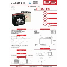 BS АКУМУЛЯТОР BTX5L-BS (YTX5L-BS) 12V 4AH 114X71X106 BEZOBSLUGOWY - ELEKTROLIT OSOBNO (70A) (8) UE2019/1148