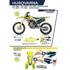 UFO КОМПЛЕКТ ПЛАСТІКОВ ПЛЮС КОМПЛЕКТ НАЛІПОК (OKLEIN) HUSQVARNA TC 125/250 '19-'22; FC 250/350/450 '19-'22 W КОМПЛЕКТІ ПЕРІД TABLICA (HU04303) І КРИШКИ АМОТРТИЗАТОРІВ (HU03361) PATRIOT КОЛІР ЖОВТИЙ NEON