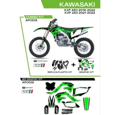 UFO КОМПЛЕКТ ПЛАСТІКОВ ПЛЮС КОМПЛЕКТ НАЛІПОК (OKLEIN) KAWASAKI KXF 250 '21-'22; KXF 450 '19-'22 W КОМПЛЕКТІ ПЕРІД TABLICA (KA04738) І КРИШКИ АМОТРТИЗАТОРІВ (KA04701) APODIS КОЛІР ЧОРНИЙ